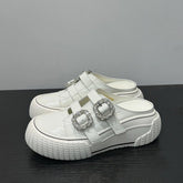 Women's Genuine Leather Platform Mules 2026 New Arrival, Square Buckle, Velcro, Rhinestone, Lazy Slip-on Closed-Toe Casual Slide Sandals