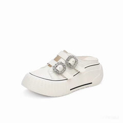 Women's Genuine Leather Platform Mules 2026 New Arrival, Square Buckle, Velcro, Rhinestone, Lazy Slip-on Closed-Toe Casual Slide Sandals