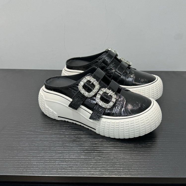 Women's Genuine Leather Platform Mules 2026 New Arrival, Square Buckle, Velcro, Rhinestone, Lazy Slip-on Closed-Toe Casual Slide Sandals